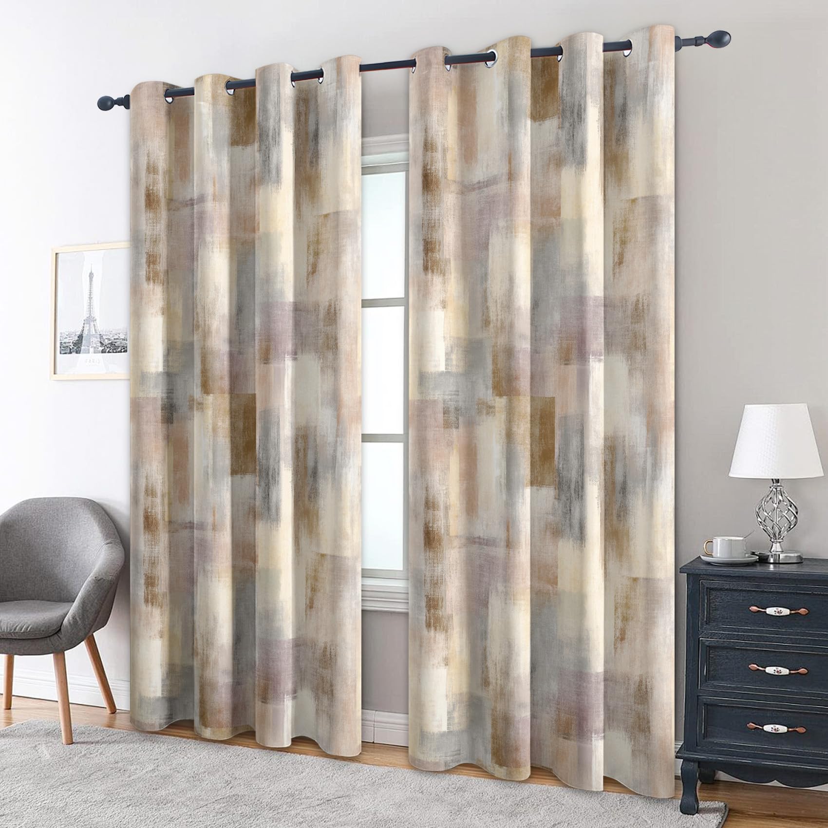 Grey Beige Abstract Curtains Blackout, 66x72 Inch 2 Panels - Modern Art Pattern Black Out Curtains, Home Decor, 72 Drop Eyelet Window Drapes for Bedroom, Living Room A&BM151
