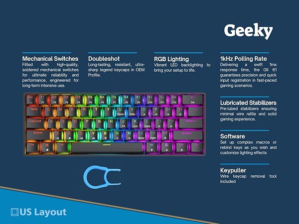 Geeky GK61 SE 60% | Mechanical Gaming Keyboard | 61 Keys Multi Color RGB LED Backlit for PC/Mac Gamer | ANSI US American Layout (Black, Mechanical Speed Silver) - 2