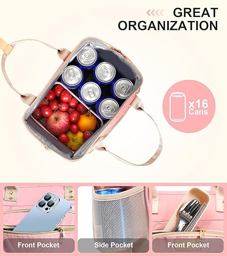 Miniatura 2 de Lonchera grande resistente al agua a prueba de fugas con aislamiento térmico para el trabajo, viajes y picnic, mujeres y hombres (rosa), Rosado