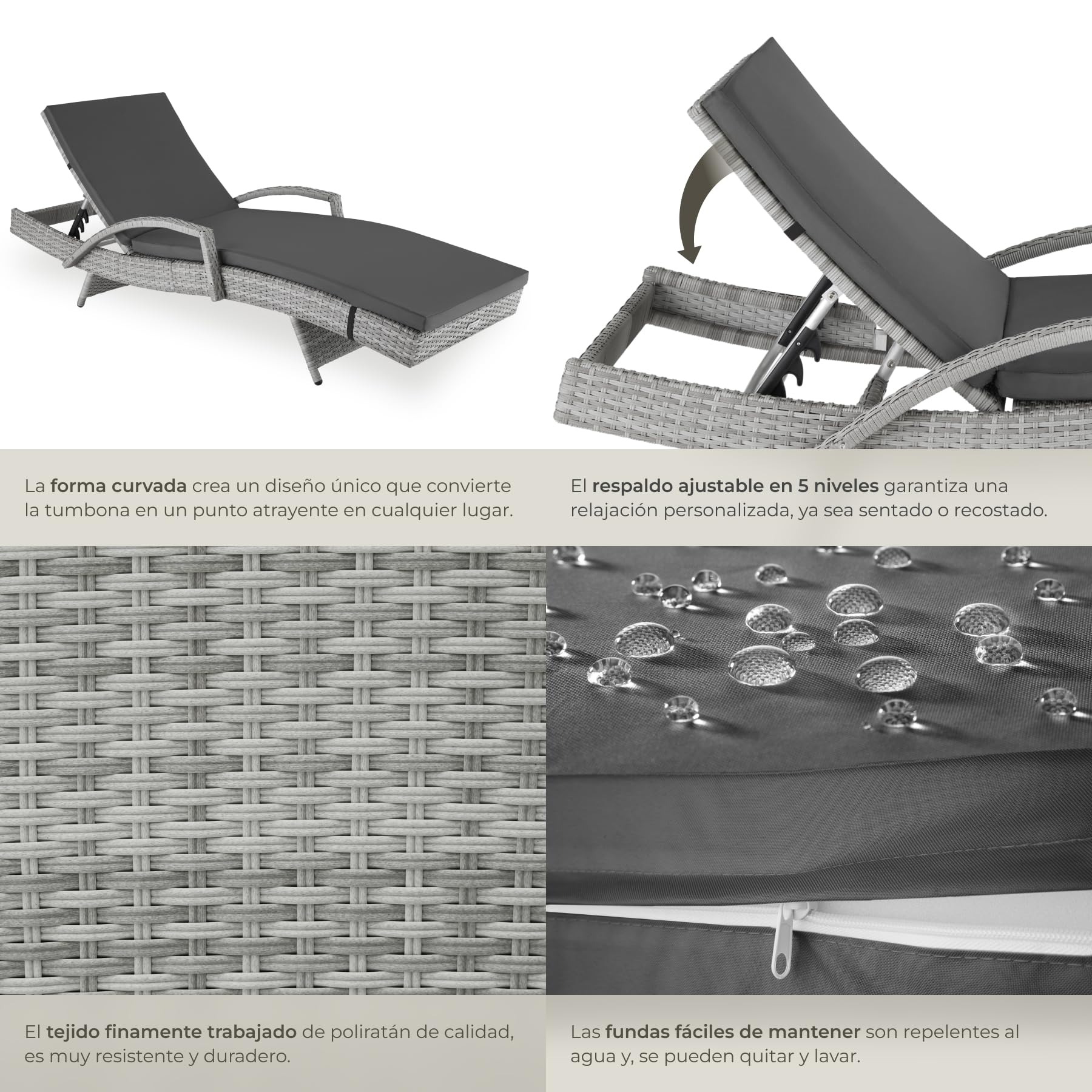 tectake® Tumbona Jardín Exterior de Ratán y Aluminio, Tumbona de Piscina con Respaldo Regulable en 5 Posiciones, Tumbona de Playa Impermeble y Resistente a Intemperie, Fácil Limpieza - Gris Claro