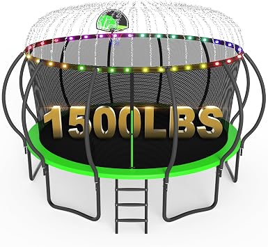 SKYUP 2026 Upgraded 8 10 12 14 15 16 FT 1500lbs Tranpoline for Kids and Adults with Light+Sprinkler+Socks, Recreational Tranpoline with Basketball Hoop, Ladder, ASTM Approved Tranpoline for 7-10 Kids