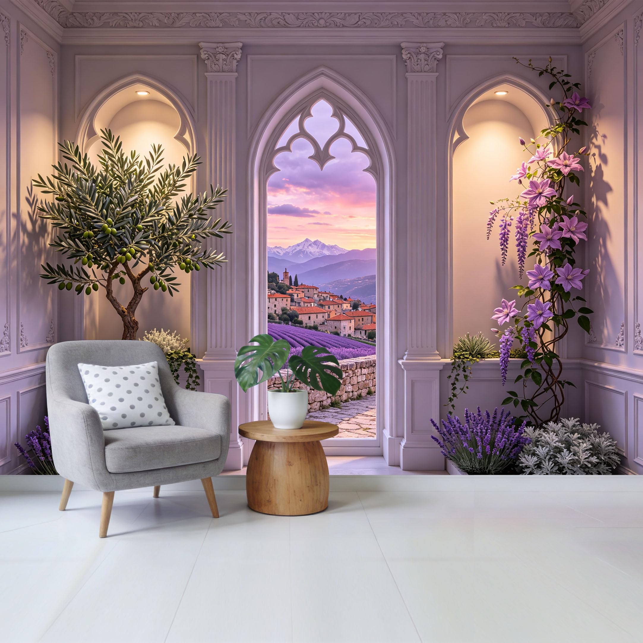 Removable Self Adhesive Fabric Mural， Custom Size Wall Covering， Tuscan Landscape Lavender Field Mountain View， UV Protected Waterproof Washable Wall Decor for Living Room Bedroom Bathroom