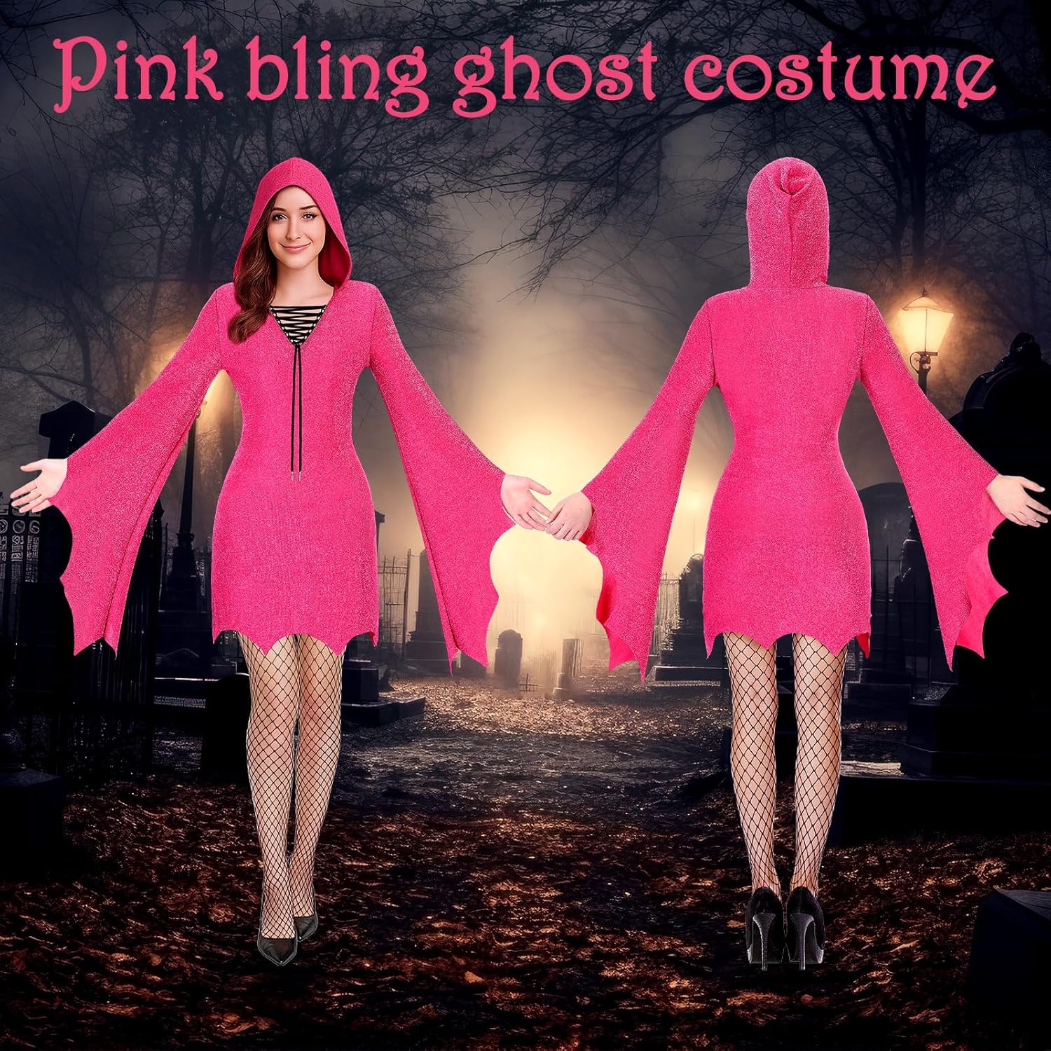 2 Pcs Halloween Ghost Costume Accessories for Women, Hot Pink Hooded Bat Sleeve Long Dress with Fishnets Stockings
