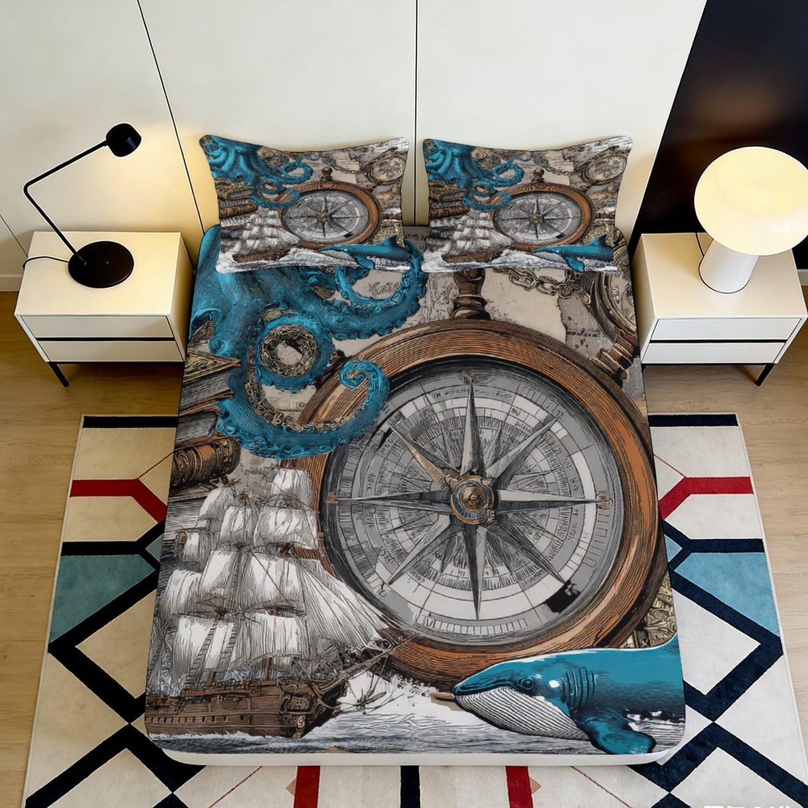 3D Printed Vintage Compass Fitted Sheet Microfiber Nautical Map Bed Cover for Bedroom Dorm Mattress Protection Decor 90x200x25cm