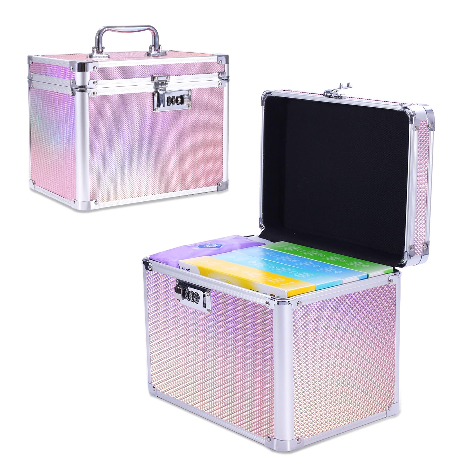 Aufbewahrungsbox mit Zahlenschloss, Abschließbare, Aluminium-Rahmen, 26x18x20 cm, für Medikamente, Dokumente und Wertsachen, Tresor Kinder (Holografik-Pink)