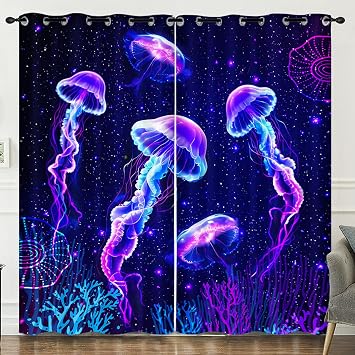 HOSIMA Jellyfish Pattern Fancy Curtains for Living Room Bedroom Decor Aesthetic for Teen Girls,Fantasy Starry Sky Curtains 2 Panels for Bedroom Cool Room Accessories,42W*63H Inch