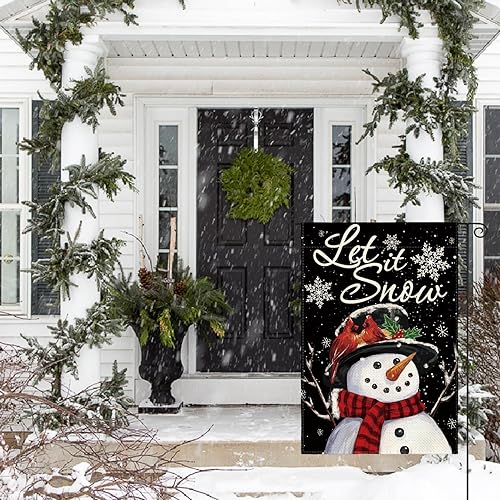 Miniatura 10 de AVOIN colorlife Let It Snow - Bandera de Navidad con diseño de muñeco de nieve, copo de nieve, 28 x 40 pulgadas, de doble cara, color negro, para