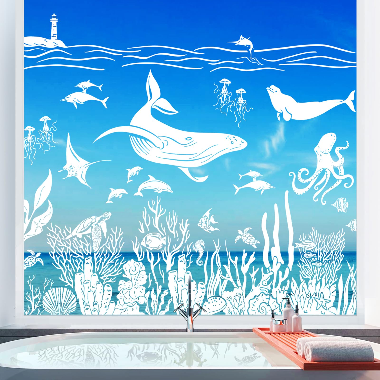 JarThenaAMCS 9 Sheets Under The Sea Window Clings White Ocean Animal Whale Turtle Fish Window Stickers Double-Sided Glass Decals for Summer Home