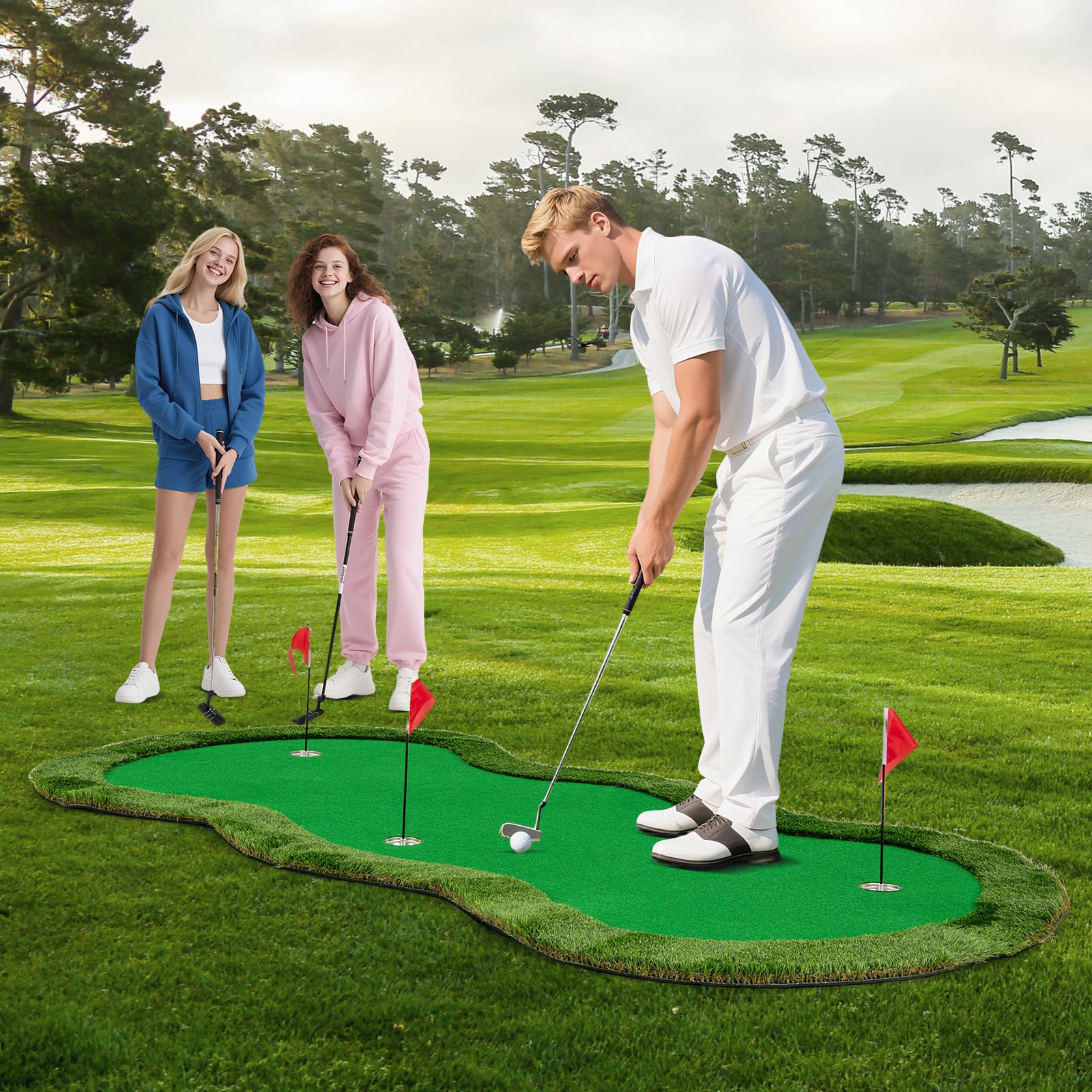 LIFEZEAL Golf Übungsmatte 150 x 300 cm, Puttingmatte mit 3 Löchern und Bällen, Trainingshilfe Golftraining für Indoor und Outdoor
