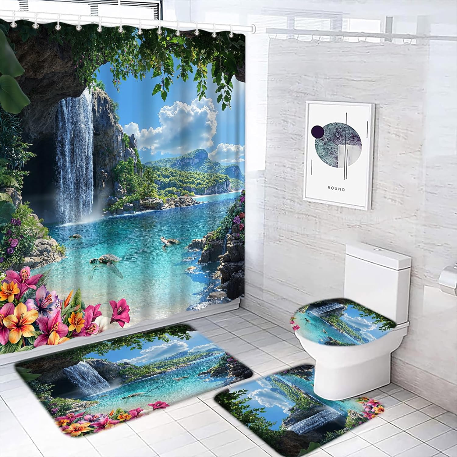 4 Piece Waterfall Coastal Shower Curtain Set Tropical Sea Turtle Rainforest Beach Flower Leaves Mountain Bathroom Curtain with 17.8"x29.5" Bath Mat,U-Shape Rug, Toilet Lid Cover