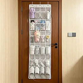 Organizador de sapateiras sobre a porta com 24 bolsos de malha e gancho, armazenamento de sapatos dobrável para sapatos ou acessórios, suporte de armazenamento suspenso que economiza espaço, cinza