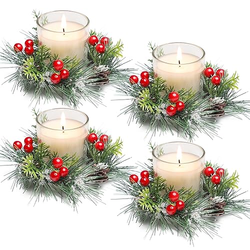 Christmas Candle Ring, 4 Pcs Votive Candle with Red Berry