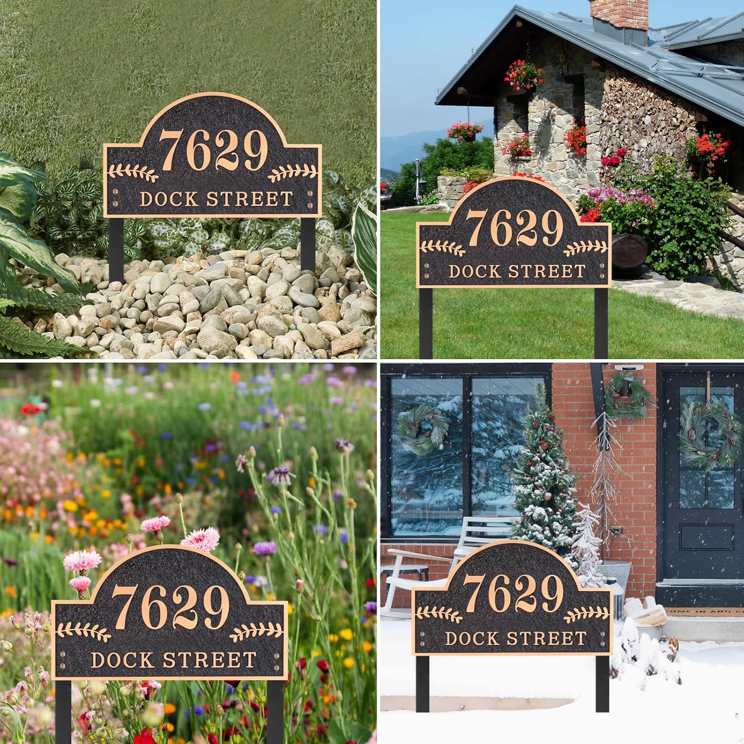 Address Plaques for House - LAWN MOUNTED,Engraved Metal with 2 Stakes Customized House Numbers Sign for Outside Store,Yard,Garage,Apartment, Arch Style(Black/Red Copper)