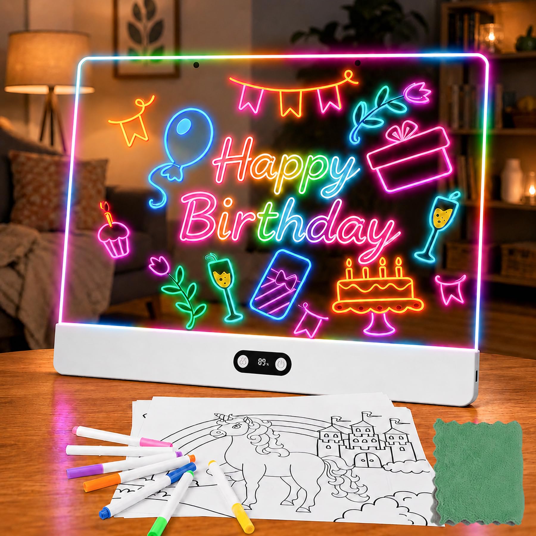 Lavagna da disegno a LED con indicatore digitale della batteria, 35 x 26 cm, lavagna acrilica (bianca) con 8 colori e 7 penne al neon, lavagna luminosa riscrivibile, per bambini, ufficio, bar e