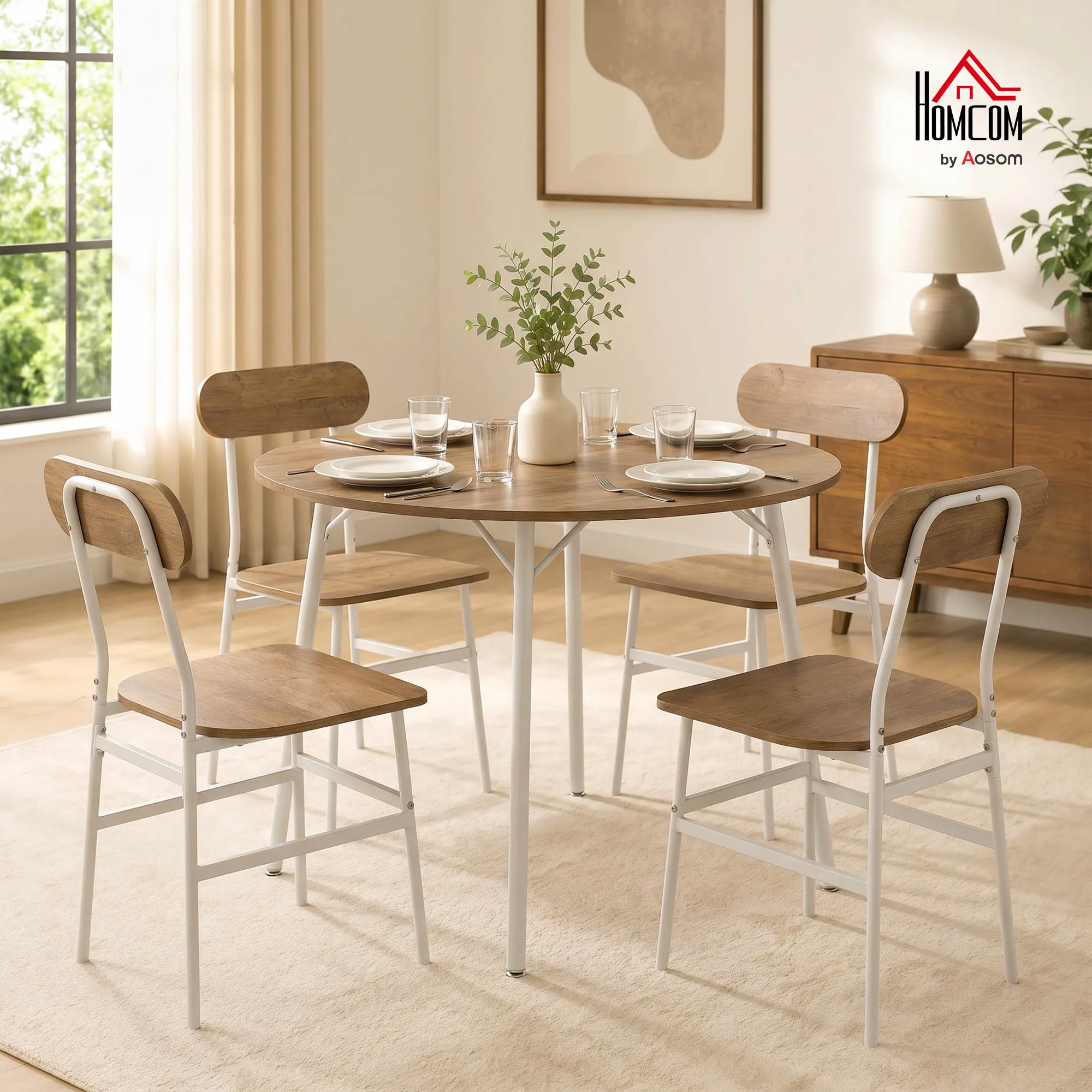 HOMCOM Table Salle à Manger avec 4 Chaises, Plateau Rond Ø 100 cm, Cadre Métal, Style Industriel