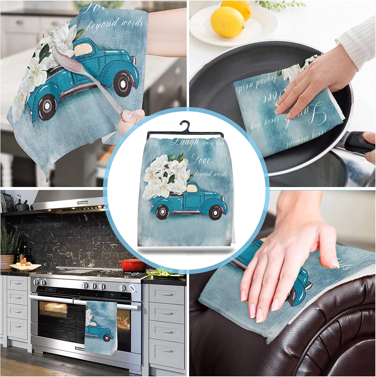 White Flower Floral Blue Truck Kitchen Towels, 18x28 Inches Soft Dish Cloth,Cotton Tea Towels/Bar Towels/Hand Towels for Bathroom(2 Pack)