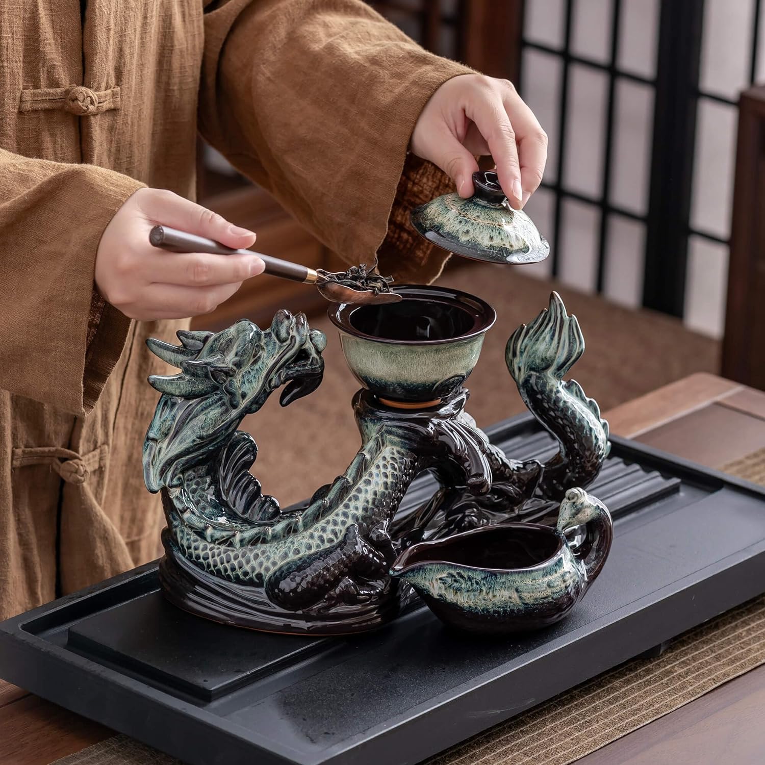 Ceramic Teapot with Infuser Semi Automatic Tea Set Magic Teapot with 8 cups Gradient Color (Gradient Dragon- A)