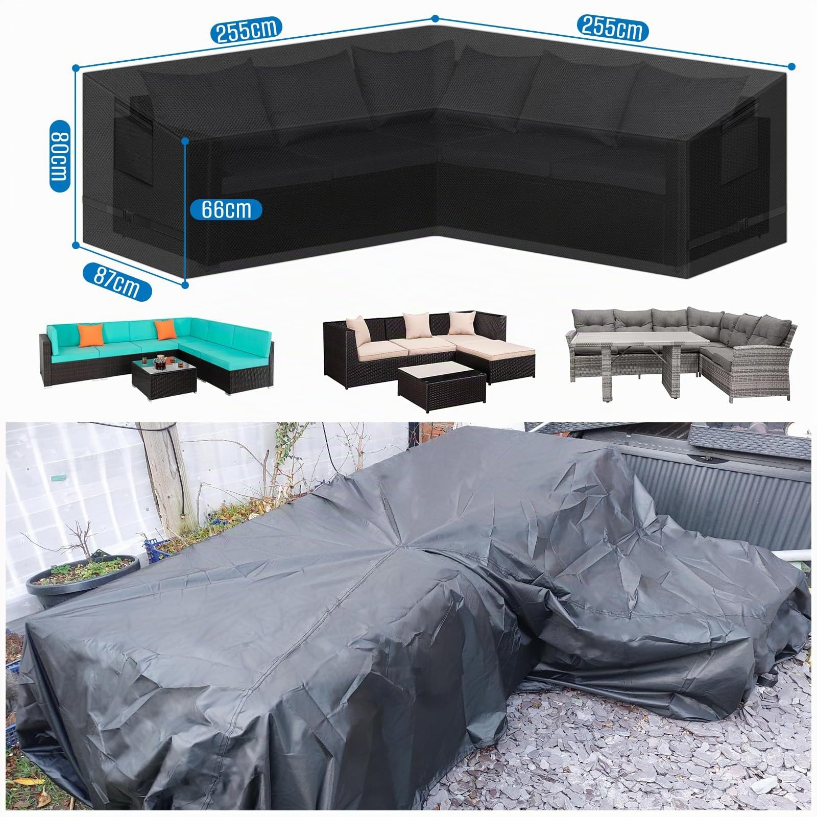 SIRUITON 255 x 255 x 87 cm V-Form Rattan Sofabezug Wasserdicht & Reißfest 420D Oxford-Gewebe Langlebig Outdoor L-förmige Sofabezug mit wasserdichtem Klebeband Gartenmöbelabdeckungen