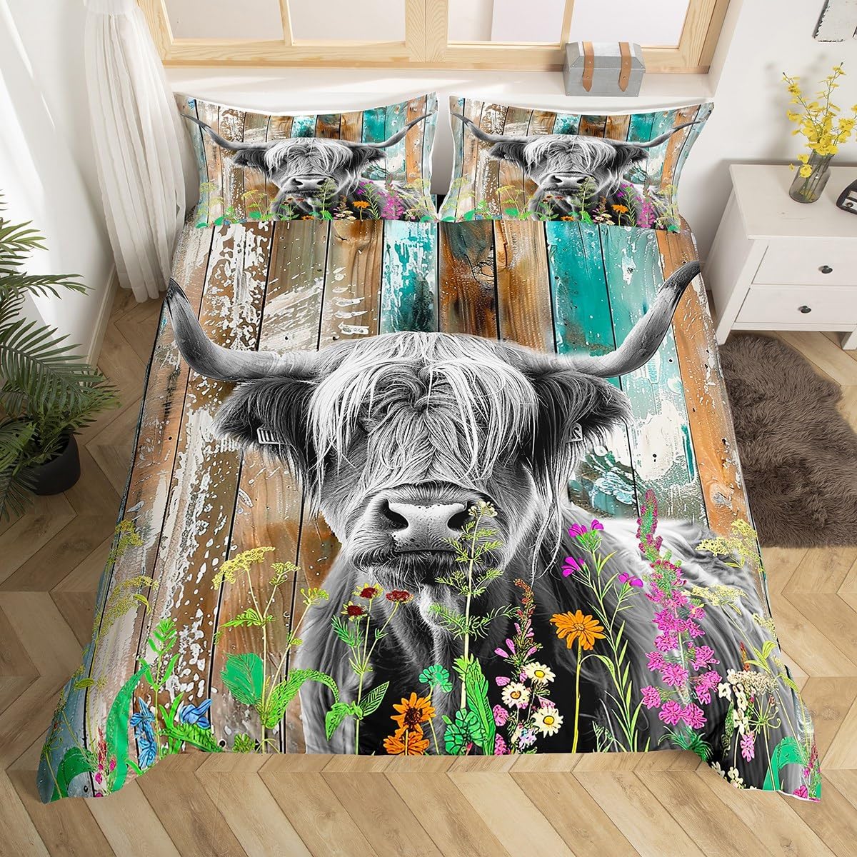 Highland Cattle Duvet Cover Set King Size Wood Plank Texture Bedding Set 3pcs Room Decor Farmhouse Style Cow Comforter Cover Colorful Wild Flowers Quilt Cover,2 Pillowcases(Not Comforter)