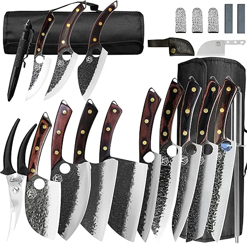 XYJ Gyutou - Juego de cuchillos de acero de alto carbono, cuchillo de chef para deshuesar con bolsa de transporte, tijeras de pollo y afilador,