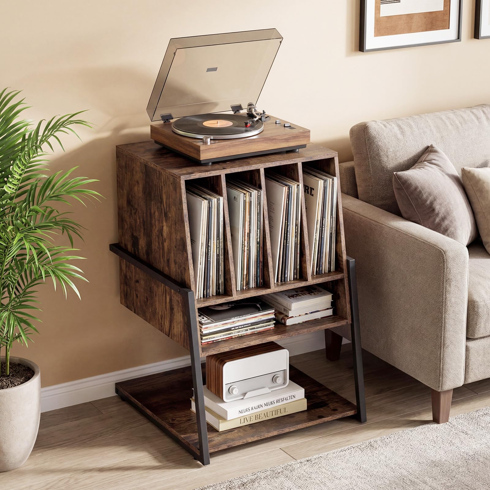 COSTWAY Mueble Tocadiscos con Ruedas, Mesa Auxiliar de Madera para Discos, Marco Metálico con Estante para Vinilos, Mueble para Tocadiscos y Vinilos, Salón y Dormitorio (sin Eschufe,Marrón)