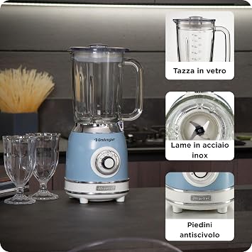 Ariete Vintage Cam Blender Mavi 0583/05-1,5 Litre Kapasiteli Cam Sürahi, 4 Hız Kademesi, Pulse Özelliği ve Buz kırma Fonksiyonu, 4 Paslanmaz Çelik Bıçak ile Güçlü Performans