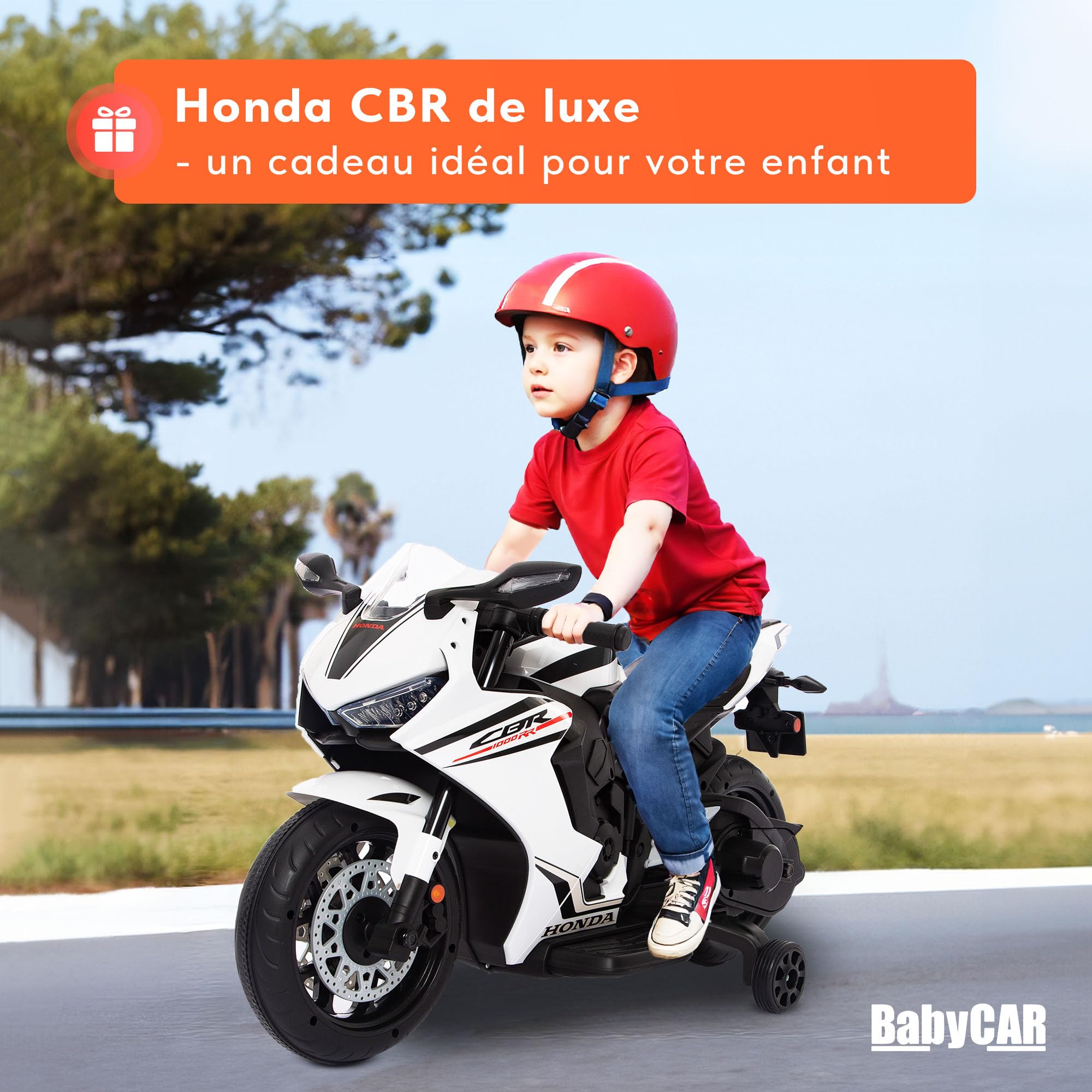 Moto Electrique Enfants BabyCar Honda CBR 12V | Moto Électrique Enfant 3-5 Ans avec Lumières, Sons, MP3/USB et Roulettes Stabilisateurs | Batterie 12V 3,5Ah, Moteur 30W et Accélérateur au Pied | Blanc