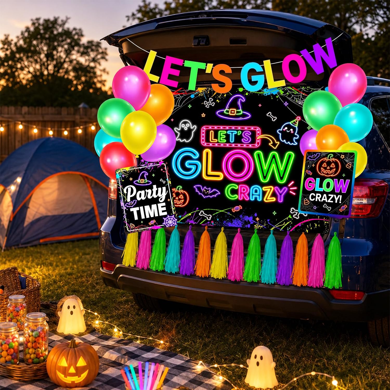 Trunk or Treat Car Decorations Kit for SUV, Halloween Party Decorations Outdoor Neon Glow Backdrop Banner Balloons Stickers for Archway Garage Party Supplies