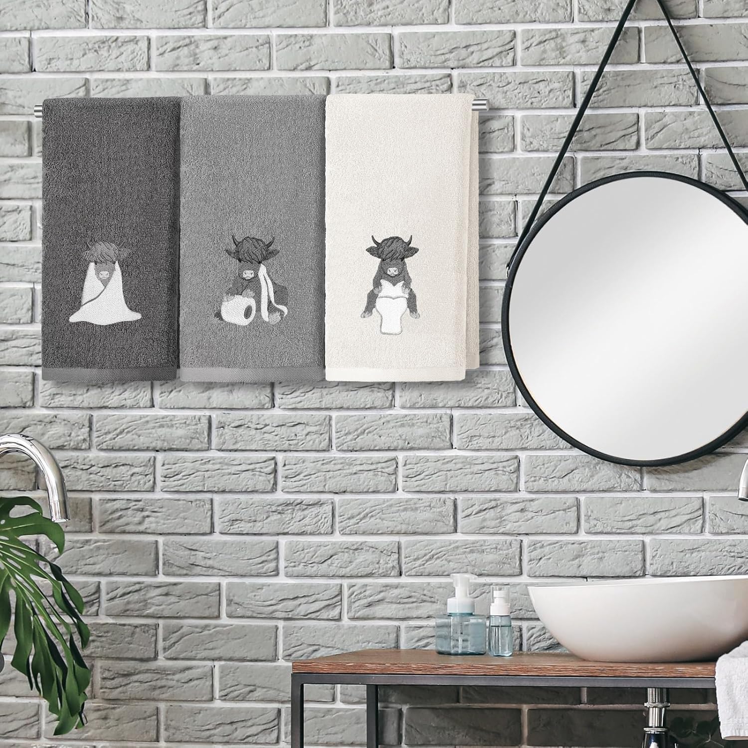 3 Pcs Highland Cow Hand Towels Bathroom Decor Highland Cow White and Gray Decorative Embroidered 100% Cotton Farmhouse Towels for Bathroom Kitchen Decor, 13. 3 x 29. 5'' - Image 3