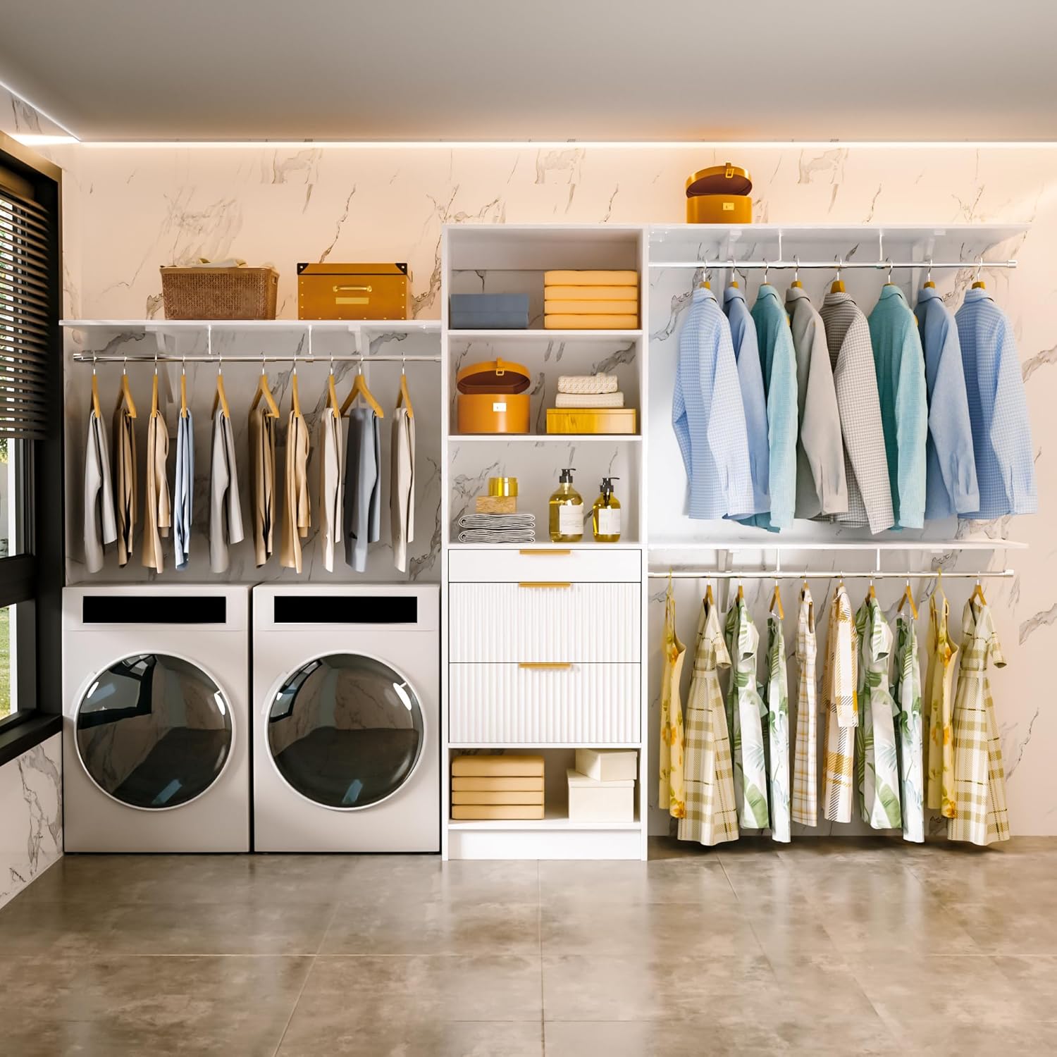 Closet System, 8FT Closet Organizer with 3 Wooden Drawers, Walk-in Closet Wardrobe Clothes Rack with 3 Expandable Hanging Rods, Garment Rack, White