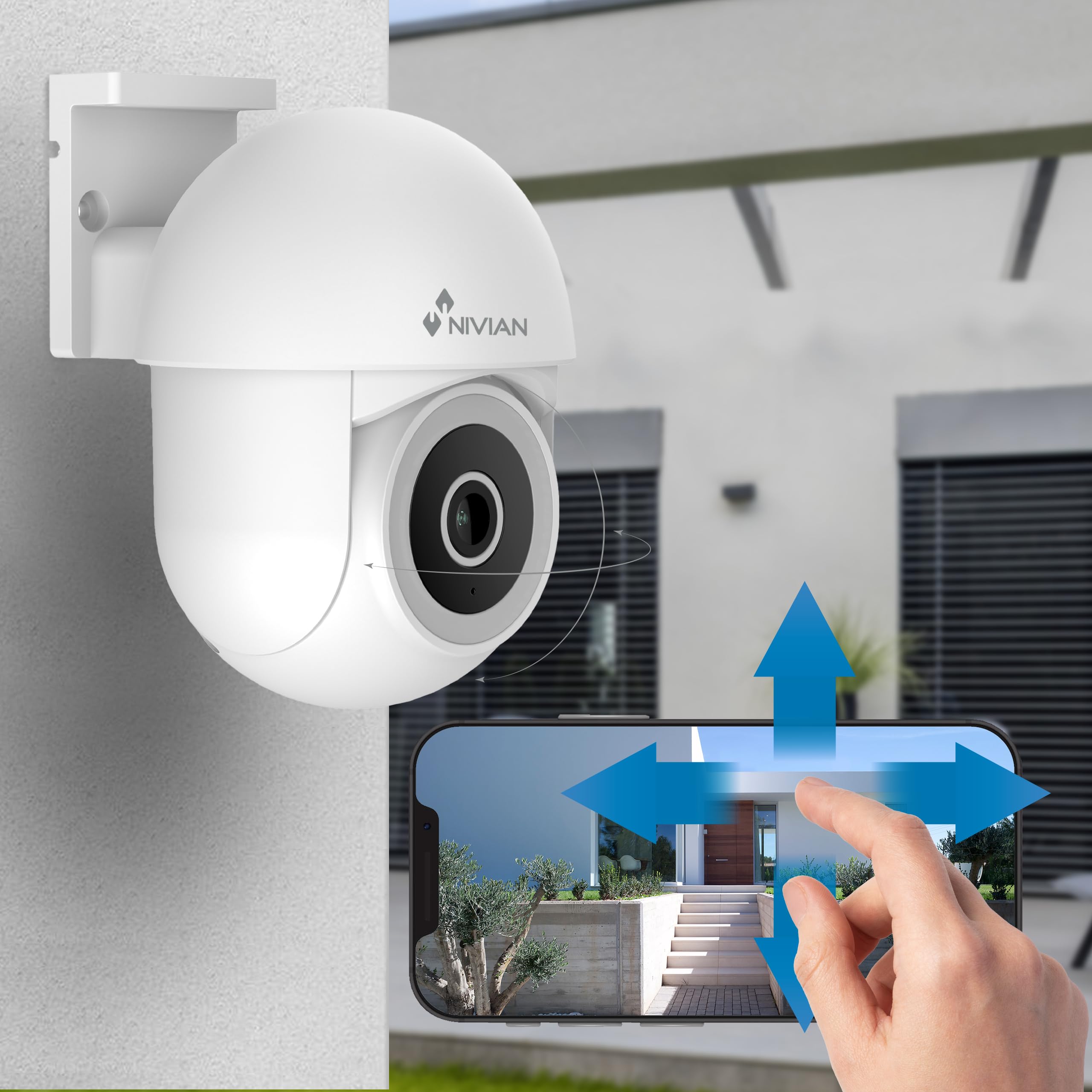 NIVIAN Cámara WiFi PTZ 2K 3MP con Giro 360° y Visión Nocturna IR | Seguimiento Automático, Audio Bidireccional, IP65 | Seguridad Inteligente para Casa y Negocio | App Tuya + Alexa/Google