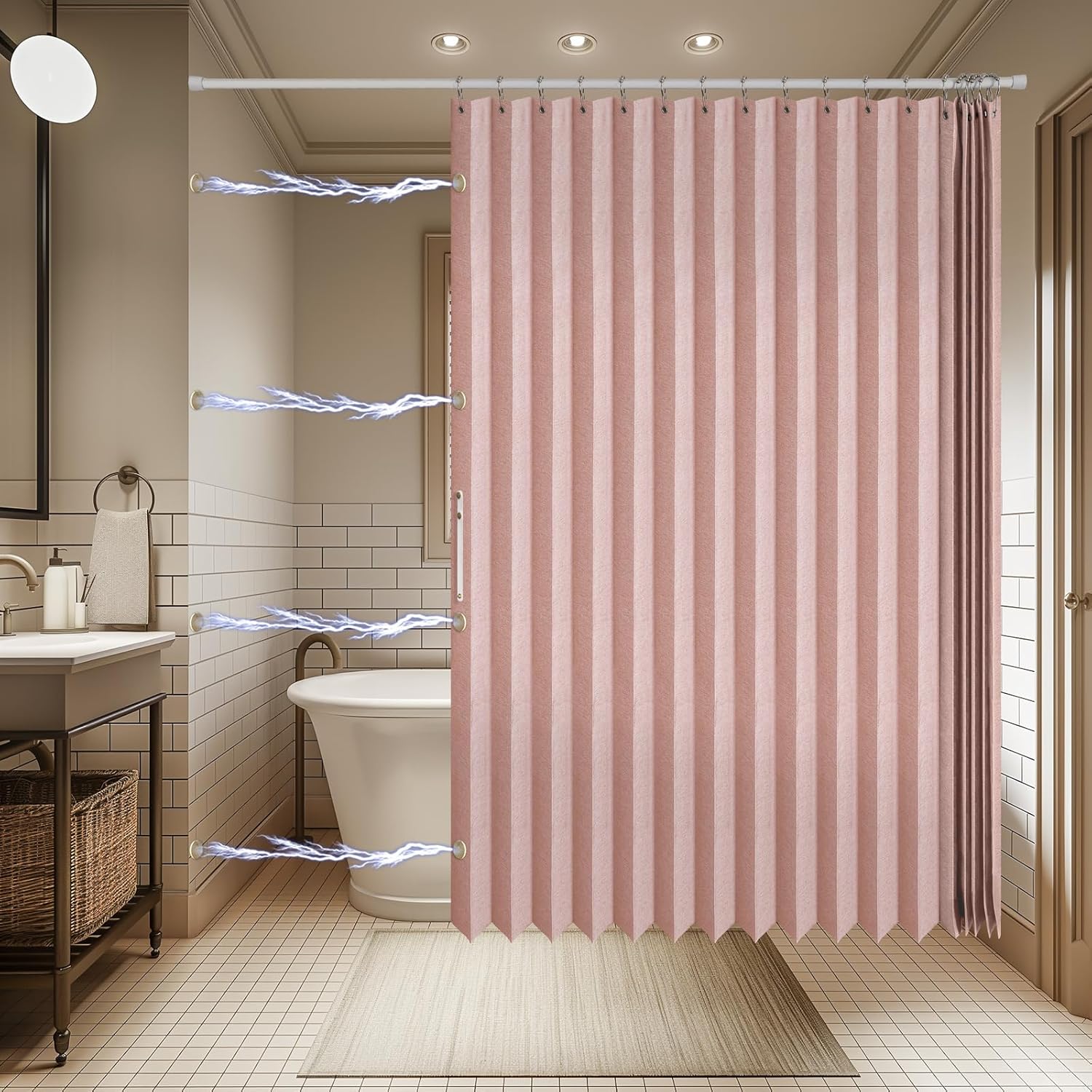 AJAZZ Acordion Shower Curtain Magnetic Folding Shower Curtains Fabric Polyester Waterproof Shower Curtains Suitable for Family Hotel Homestay Bathroom (Pink,77" W x 72" L) 1 Panel