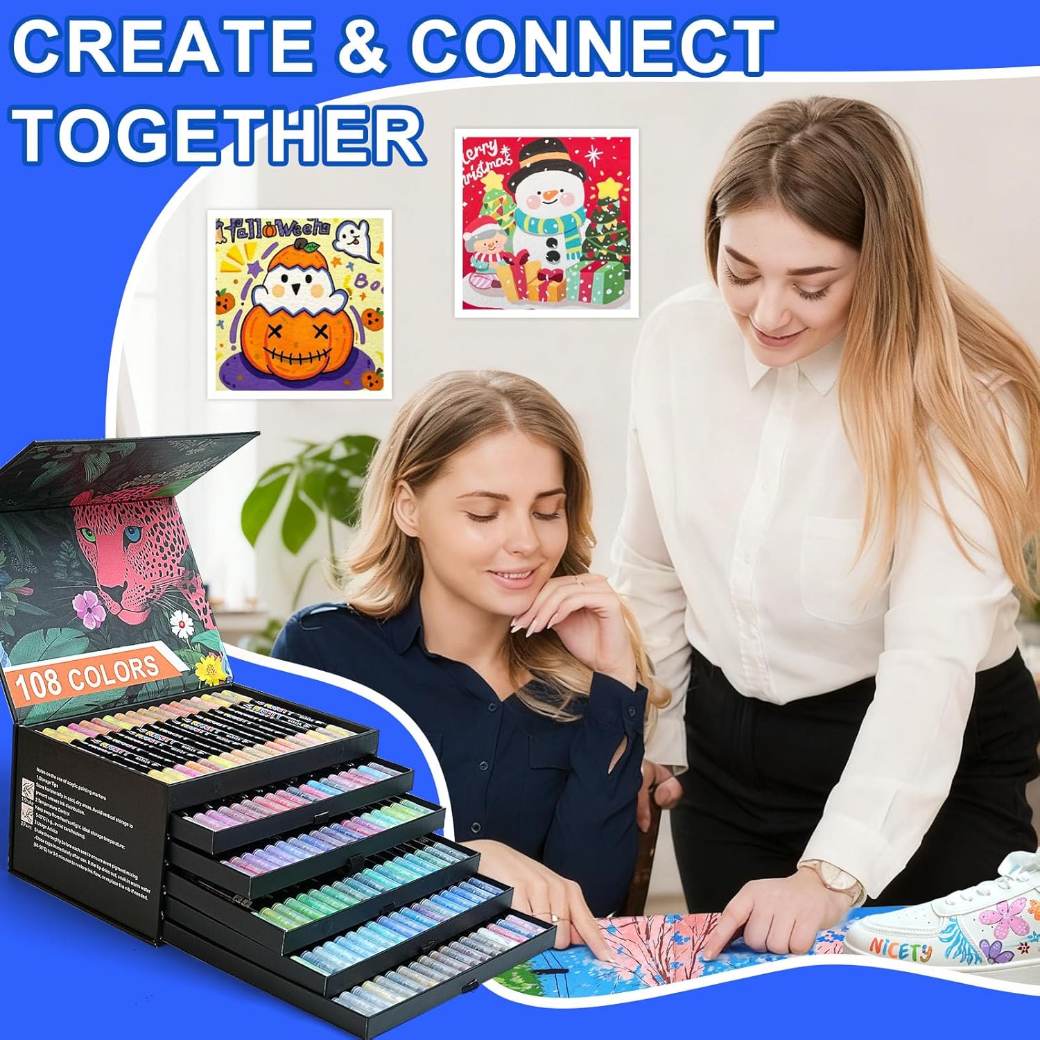 NICETY 108 Colors Acrylic Paint Markers – Dual Tip Acrylic Paint Pens with 1–5mm Brush Tip & 1mm Fine Tip – Water-Based Non-Bleed Acrylic Markers for Rock, Wood, Glass, Fabric, Metal, Ceramic, Canvas - Image 9