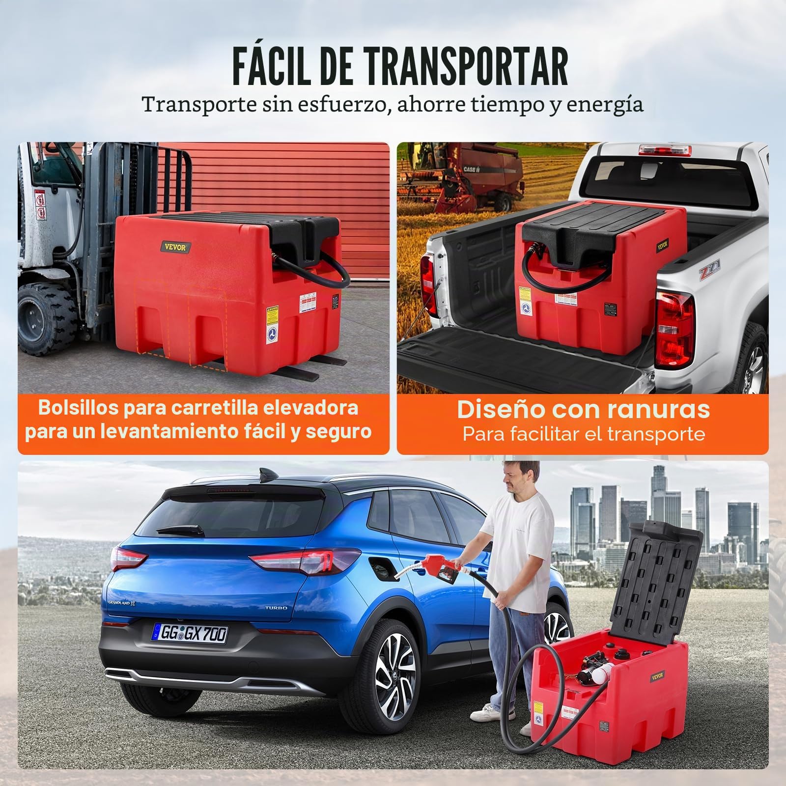 VEVOR Depósito Portátil de Gasolina Diesel 182 L Tanque de Repostaje de Combustible Bomba de Transferencia de 12 V 40 L/min Manguera de 4 m Boquilla de Repostaje Automático para Vehículos, Rojo
