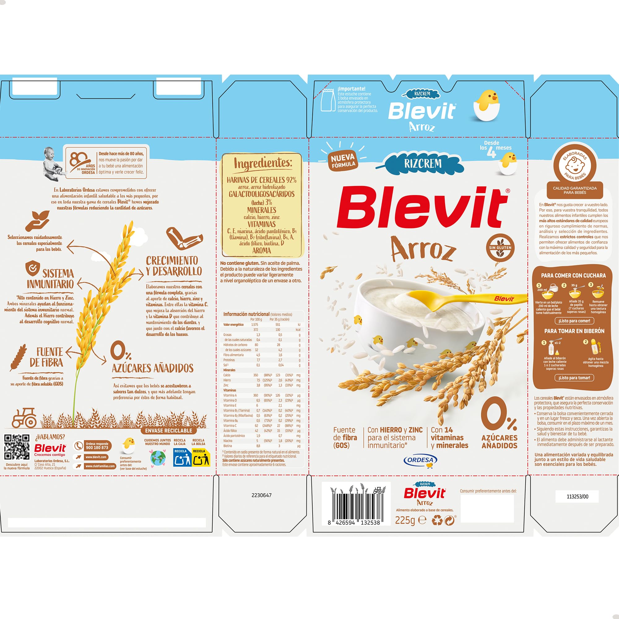 Blevit Rizcrem Arroz | 225 g | Papilla de Cereales para Bebé desde los 4 Meses con Crema de Arroz - Sin Gluten y Sin Azúcares Añadidos - Facilita la digestión