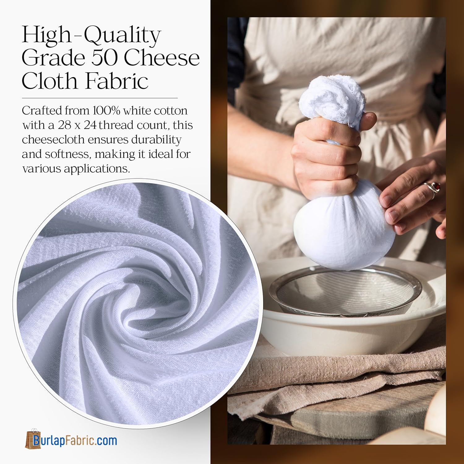 Grade 50 White 100% Cotton Cheesecloth for Straining, Baking, Crafting & DIY Projects – Cheese Cloth Rolls for Cooking, Making Cheese, and Home Brewing – 28x24 Thread Count, 36" x 100 Yards