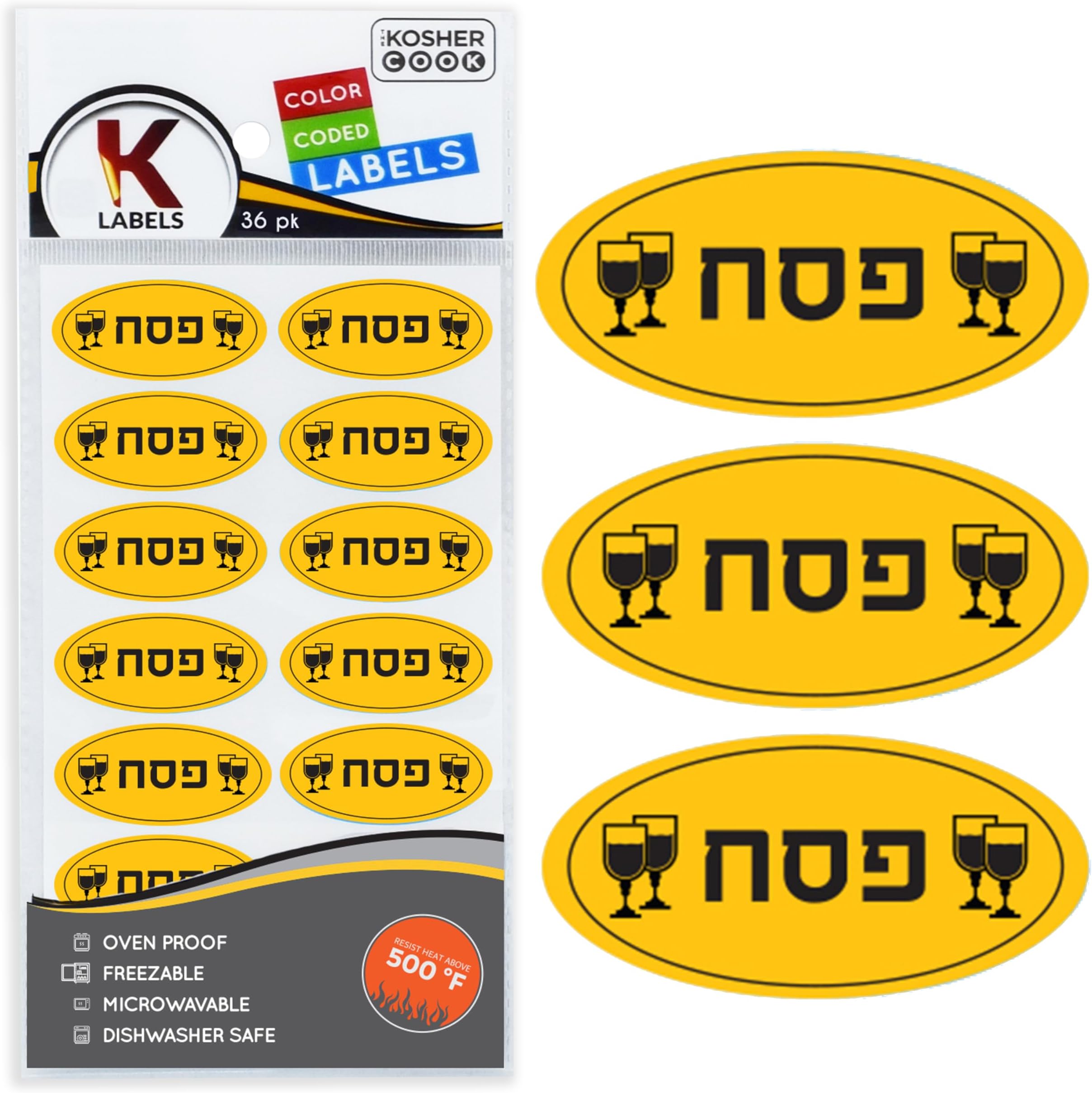 Passover Labels Hebrew - 36 Pack - Oven Proof, Freezable, Microwaveable and Dishwasher Safe Stickers - Pesach Seder and Kitchen Accessories by The Kosher Cook