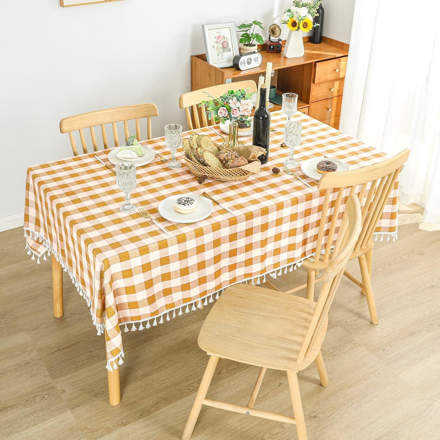 Plaid Rectangular Tablecloth, Cotton Linen Blend Fabric, Checkered Table Cover Wrinkle Resistant Machine Washable for Kitchen Dining Room, Holiday Party Wedding, 52 x 86 Inch, Yellow