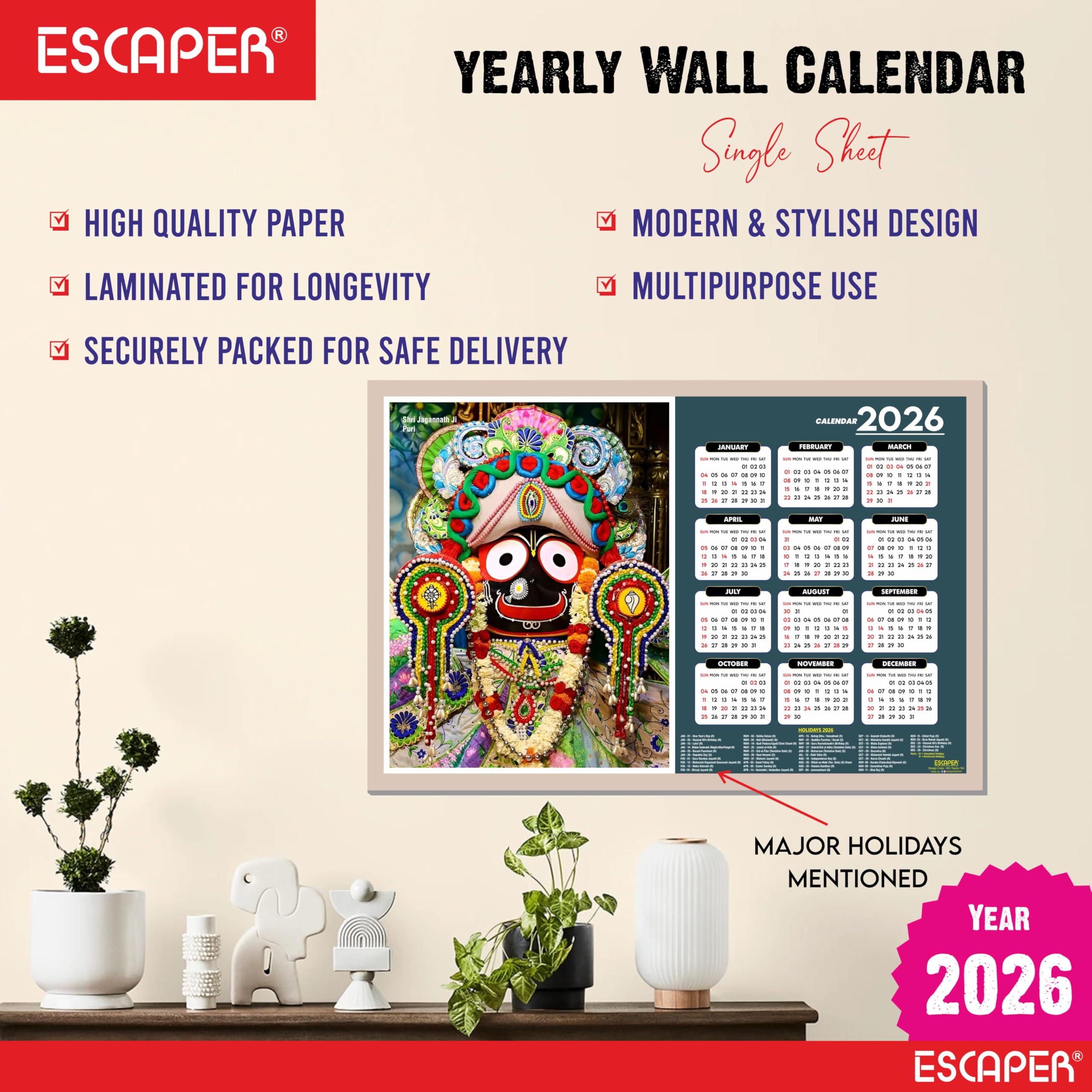 ESCAPER Jagannath Ji Wandkalender 2026 - 45 x 30 cm, Jagannath Tempel & Fotos, Hindu-Gott Religiöser Wandkalender für Zuhause, Büro & Pooja Zimmer