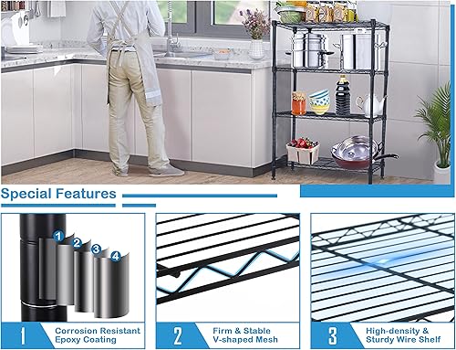 Miniatura 5 de Estantes de almacenamiento, estantería de metal de alambre de acero resistente de 4 niveles con capacidad de carga de 1000 libras para cocina,