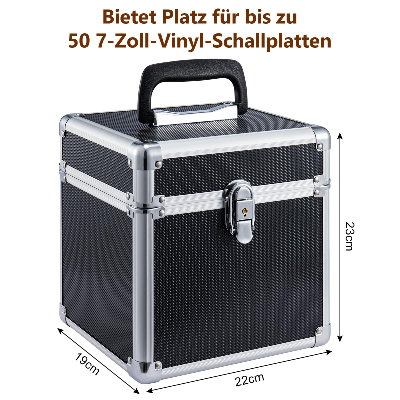 Plattenkoffer Schallplattenkoffer Koffer Abschließbarer Schallplattenkoffer aus Aluminium – Tragbarer Vinyl Koffer – Robuste Schallplattenbox mit Griff (Schwarz, 7 Zoll)