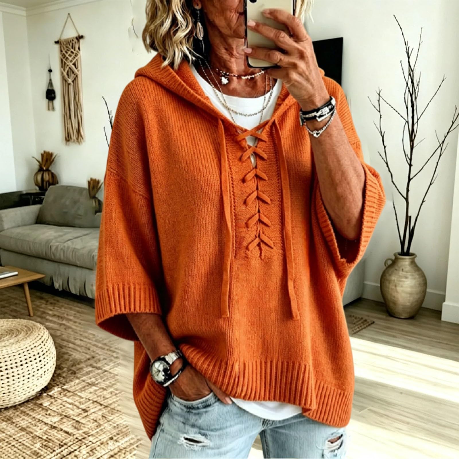 Generisch Sudadera para mujer de algodón con capucha para mujer, talla grande, informal, sudadera con capucha monocolor, elegante, suéter de punto con capucha, cómodo jersey de manga 3/4, cálido