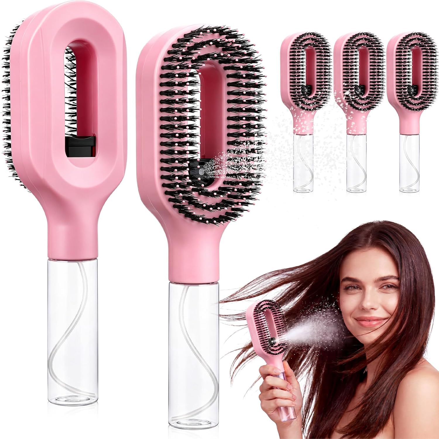 Meanplan 3 Pcs Anti Static Hair Brush with Water Spray, 2 in 1 Detangling Spray Comb for Dry or Curly, Portable Styling Tool for Women Kids (Pink)