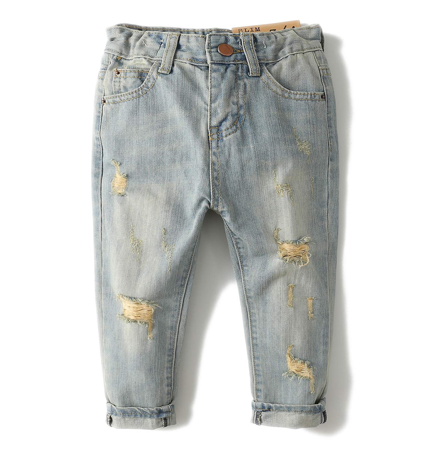 KIDSCOOL SPACE Baby Girl Boy Jeans,Elastic Band Inside with D-Rings Ripped Denim Pants