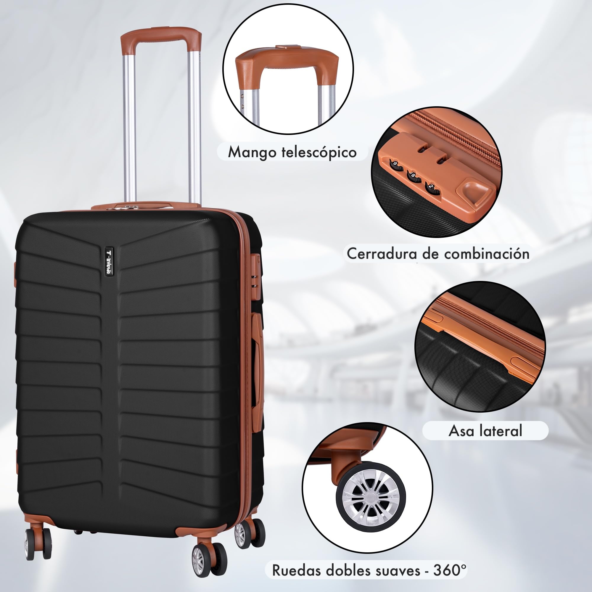 Juego o Set de 3 Maletas de Viaje - 4 Ruedas Dobles giratorias - Neceser - Maleta de Cabina - Equipaje de Mano - Cerradura TSA - Ligeras - ABS - Ryanair - Resistentes - Ligeras - Asa telescópica