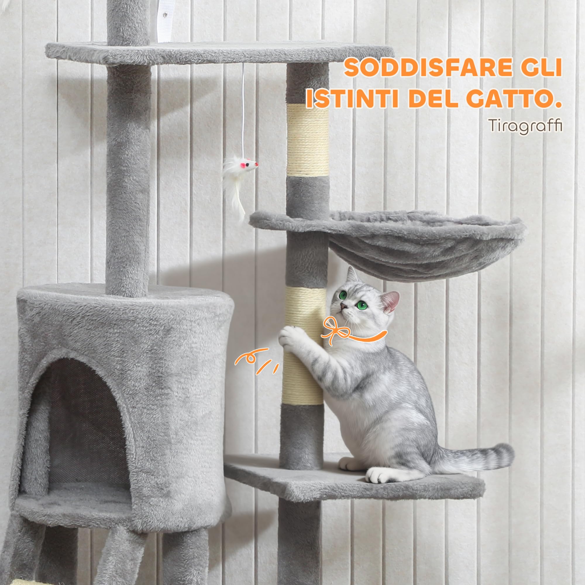 PawHut Tiragraffi per Gatti con Casetta e Trespolo 60x35x134 cm Grigio | Piattaforme, 4 Topolini Appesi, Torre per Gatti, Truciolato, Peluche, Sisal