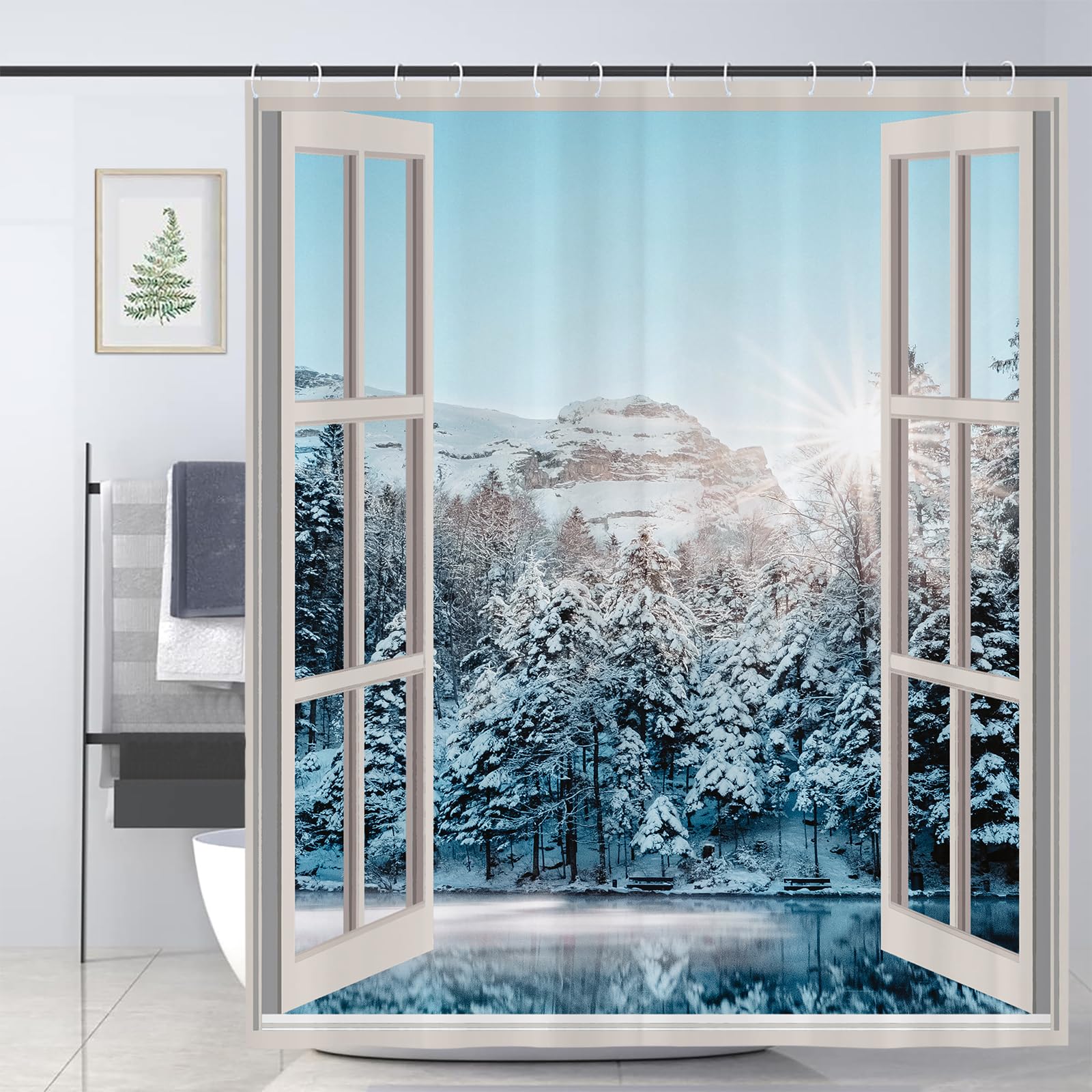 JOOCAR White Nature Shower Curtain Snow Mountain Ice Lake Secnery Shower Curtains Bathroom Decor Polyester Fabric Waterproof Shower Curtain Set including 12 Hooks