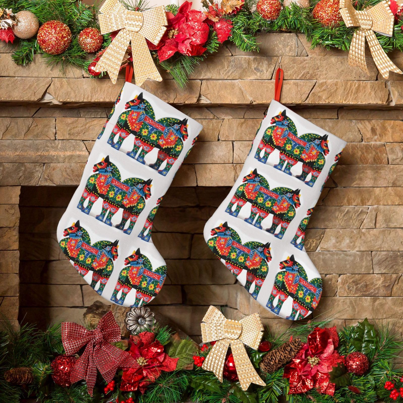 KLOPH Christmas Stockings 18" Personalized Xmas Stocking Runner Swedish Dala Horse Folk Decoration Stocking Hanging Fireplace Stocking for Holiday Xmas Tree Christmas Fireplace Decor