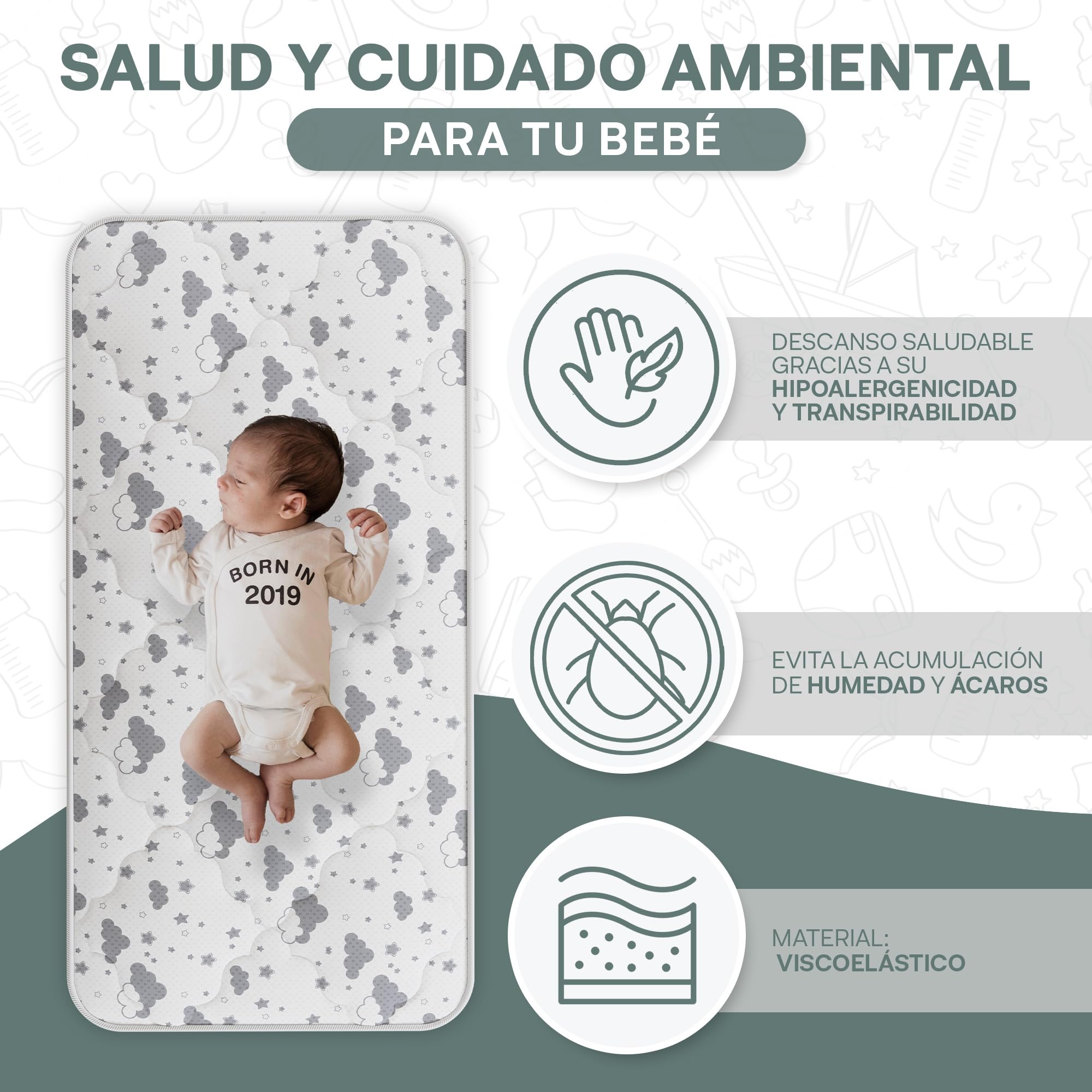 COLCHÓN Cuna Bebe 117 X 57 CM | VISCOELÁSTICA 2 CM Cada Lado | NÚCLEO HR 8CM | Transpirable | ANTIALERGÉNICO | Gran SUAVIDAD | Memory Foam | 14 CM Altura | Fabricado EN ESPAÑA | Directo DE FÁBRICA
