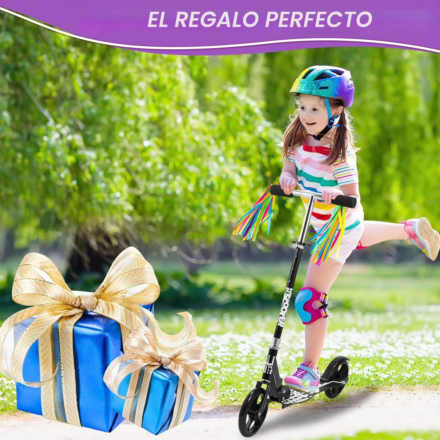 Patinete de ciudad con ruedas grandes, plegable, altura regulable, para niños y adultos, freno trasero, patinete con correa, máx. 100 kg